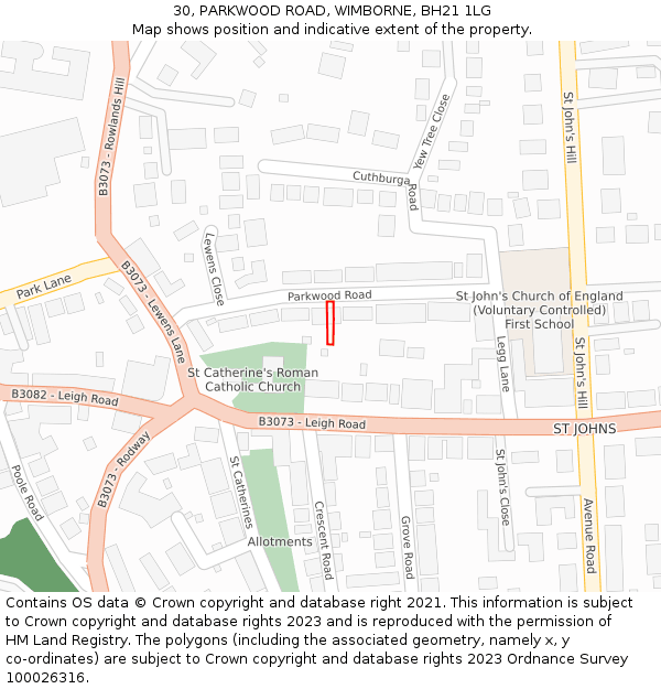 30, PARKWOOD ROAD, WIMBORNE, BH21 1LG: Location map and indicative extent of plot