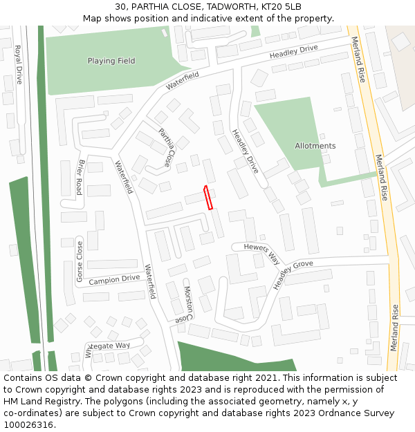 30, PARTHIA CLOSE, TADWORTH, KT20 5LB: Location map and indicative extent of plot