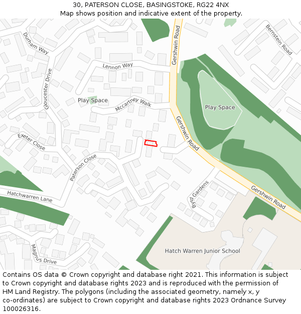 30, PATERSON CLOSE, BASINGSTOKE, RG22 4NX: Location map and indicative extent of plot