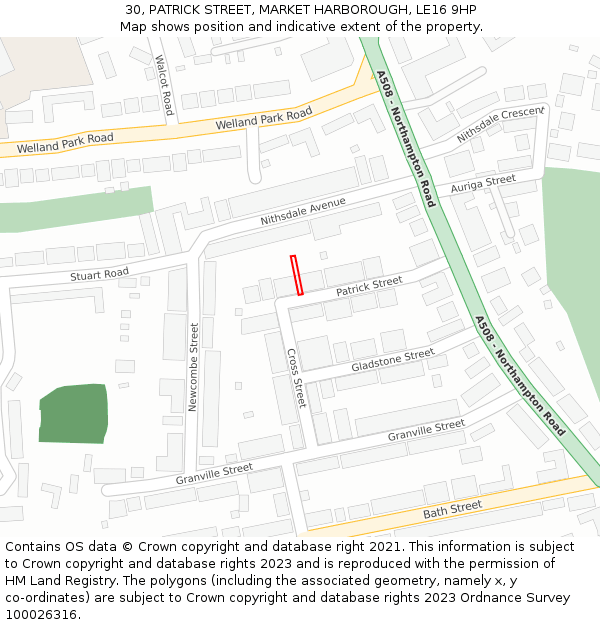 30, PATRICK STREET, MARKET HARBOROUGH, LE16 9HP: Location map and indicative extent of plot