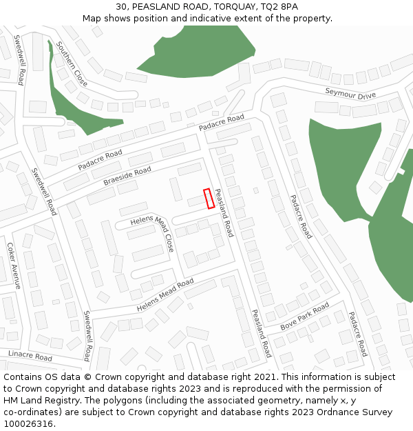 30, PEASLAND ROAD, TORQUAY, TQ2 8PA: Location map and indicative extent of plot