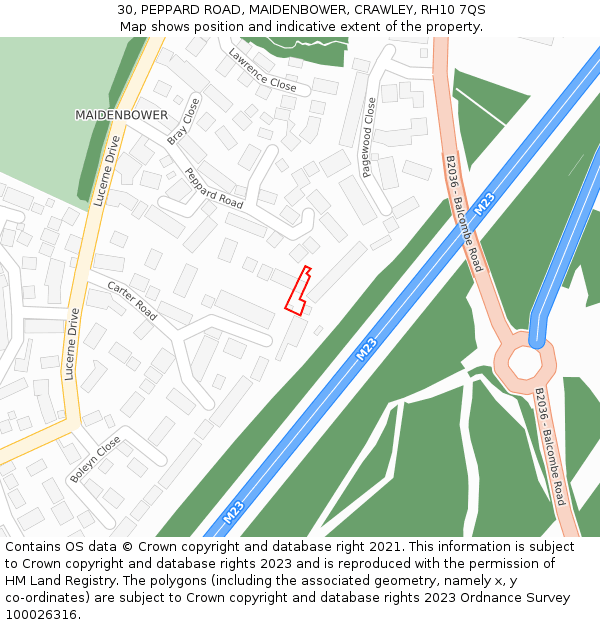 30, PEPPARD ROAD, MAIDENBOWER, CRAWLEY, RH10 7QS: Location map and indicative extent of plot