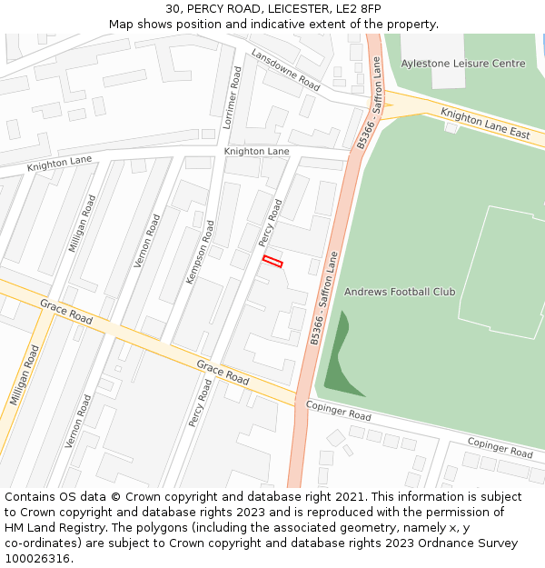 30, PERCY ROAD, LEICESTER, LE2 8FP: Location map and indicative extent of plot