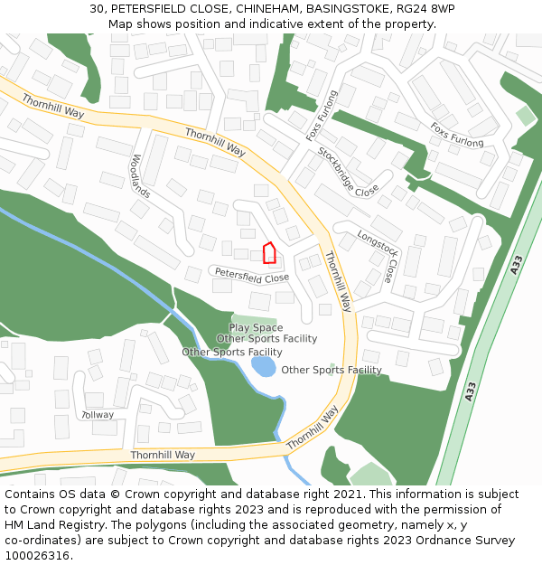 30, PETERSFIELD CLOSE, CHINEHAM, BASINGSTOKE, RG24 8WP: Location map and indicative extent of plot