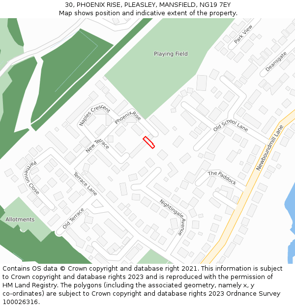 30, PHOENIX RISE, PLEASLEY, MANSFIELD, NG19 7EY: Location map and indicative extent of plot