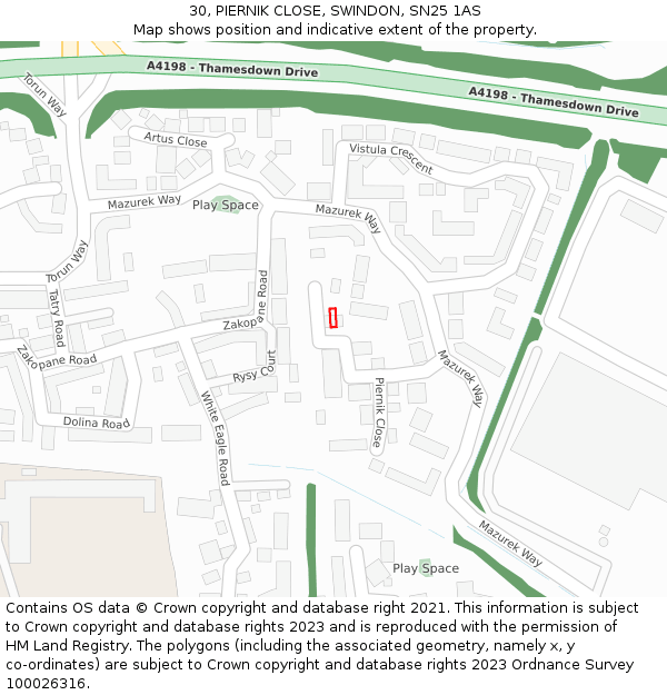 30, PIERNIK CLOSE, SWINDON, SN25 1AS: Location map and indicative extent of plot