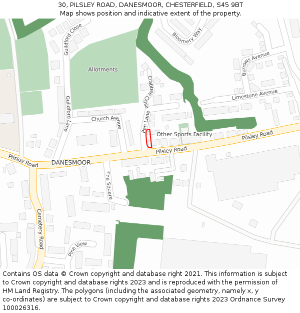30, PILSLEY ROAD, DANESMOOR, CHESTERFIELD, S45 9BT: Location map and indicative extent of plot