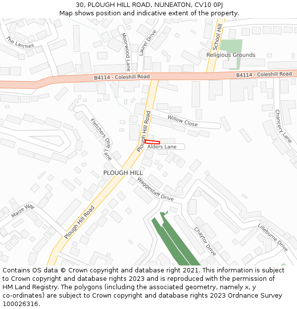 30, PLOUGH HILL ROAD, NUNEATON, CV10 0PJ: Location map and indicative extent of plot