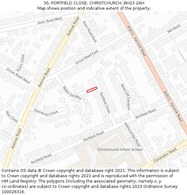 30, PORTFIELD CLOSE, CHRISTCHURCH, BH23 2AH: Location map and indicative extent of plot