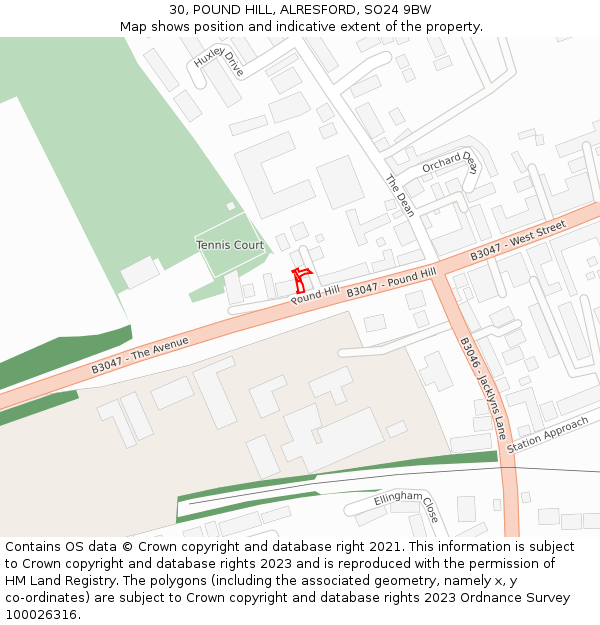 30, POUND HILL, ALRESFORD, SO24 9BW: Location map and indicative extent of plot