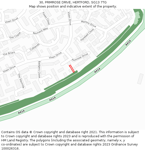 30, PRIMROSE DRIVE, HERTFORD, SG13 7TG: Location map and indicative extent of plot