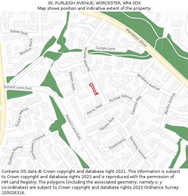 30, PURLEIGH AVENUE, WORCESTER, WR4 0DX: Location map and indicative extent of plot