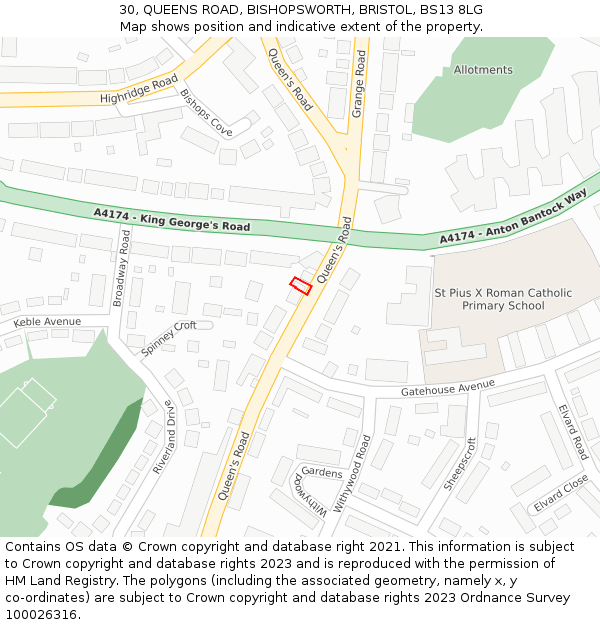 30, QUEENS ROAD, BISHOPSWORTH, BRISTOL, BS13 8LG: Location map and indicative extent of plot