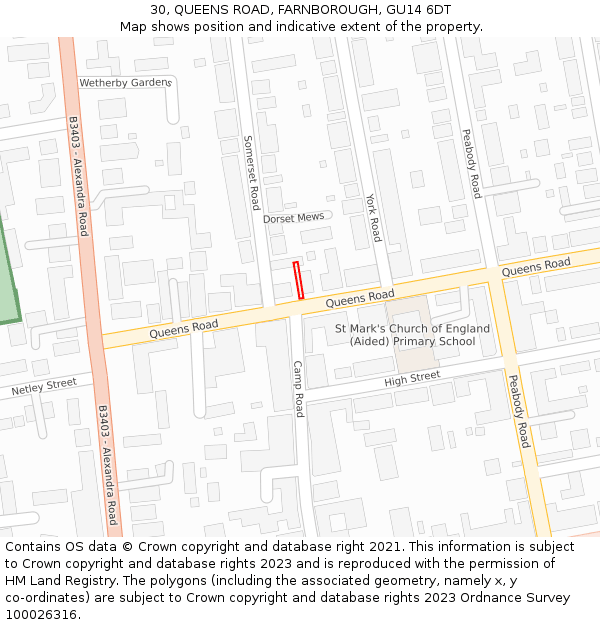 30, QUEENS ROAD, FARNBOROUGH, GU14 6DT: Location map and indicative extent of plot