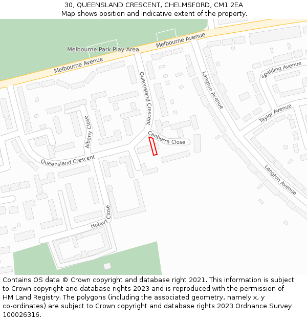 30, QUEENSLAND CRESCENT, CHELMSFORD, CM1 2EA: Location map and indicative extent of plot