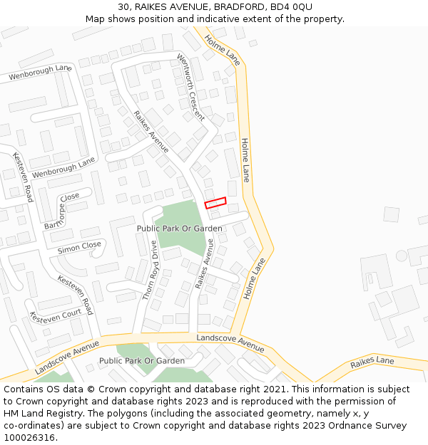 30, RAIKES AVENUE, BRADFORD, BD4 0QU: Location map and indicative extent of plot