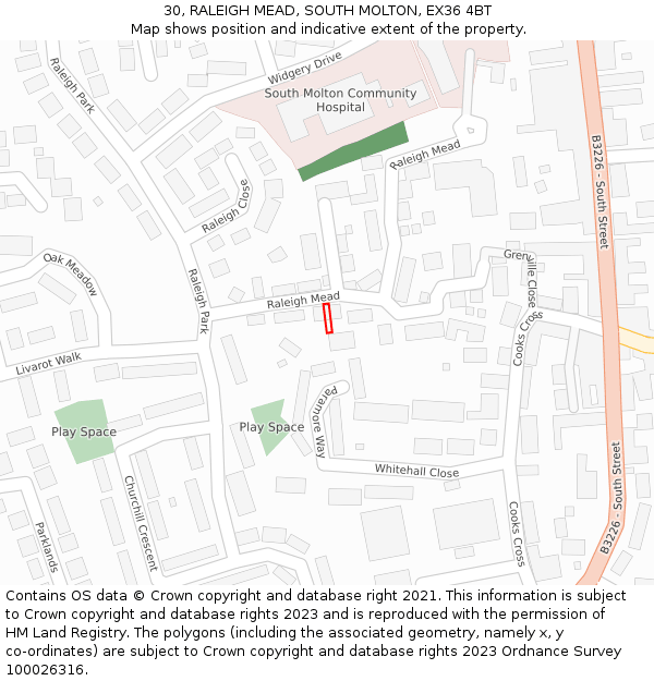 30, RALEIGH MEAD, SOUTH MOLTON, EX36 4BT: Location map and indicative extent of plot