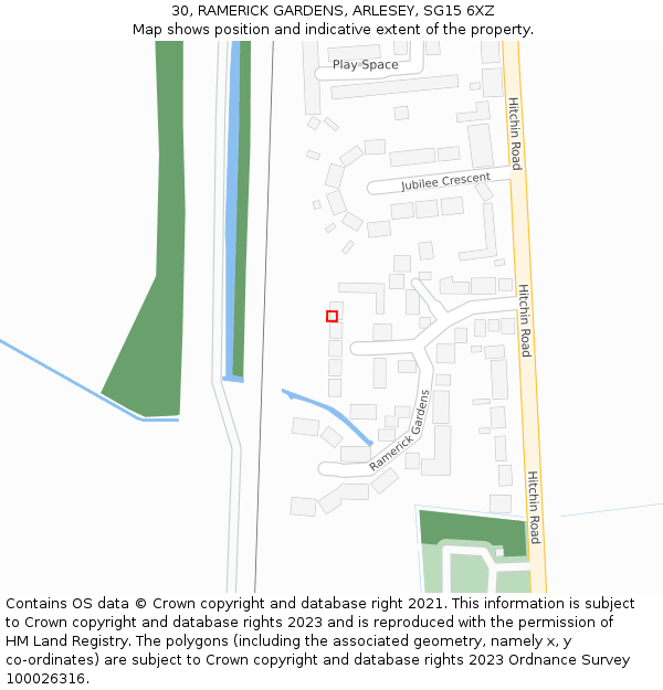 30, RAMERICK GARDENS, ARLESEY, SG15 6XZ: Location map and indicative extent of plot