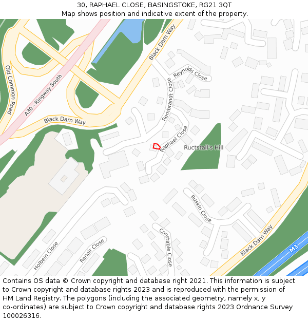 30, RAPHAEL CLOSE, BASINGSTOKE, RG21 3QT: Location map and indicative extent of plot