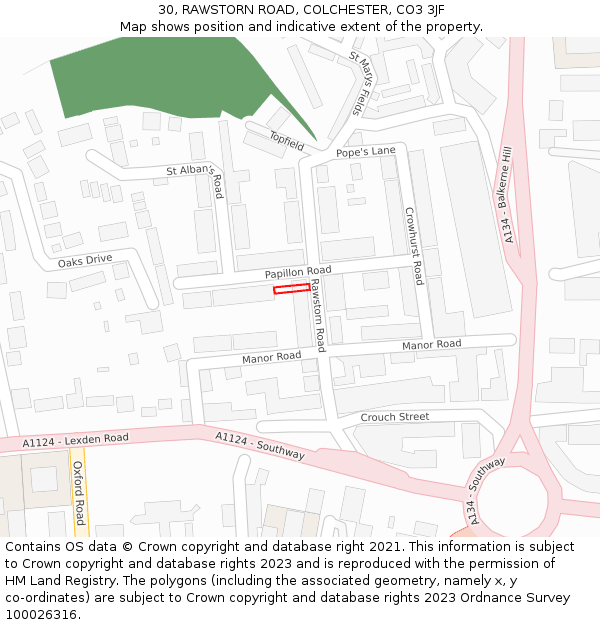 30, RAWSTORN ROAD, COLCHESTER, CO3 3JF: Location map and indicative extent of plot