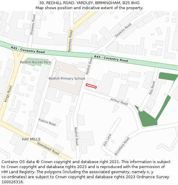 30, REDHILL ROAD, YARDLEY, BIRMINGHAM, B25 8HG: Location map and indicative extent of plot