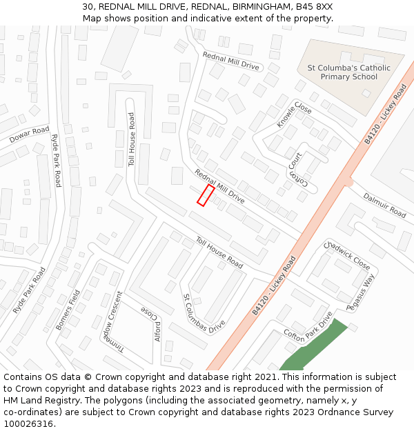 30, REDNAL MILL DRIVE, REDNAL, BIRMINGHAM, B45 8XX: Location map and indicative extent of plot