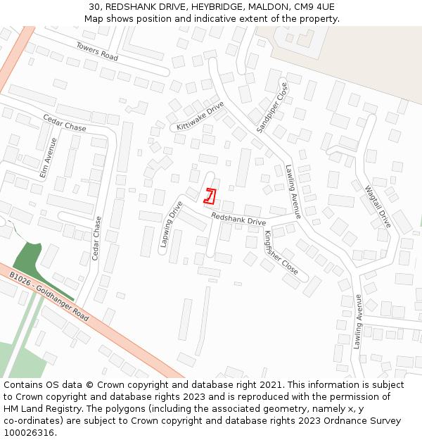 30, REDSHANK DRIVE, HEYBRIDGE, MALDON, CM9 4UE: Location map and indicative extent of plot