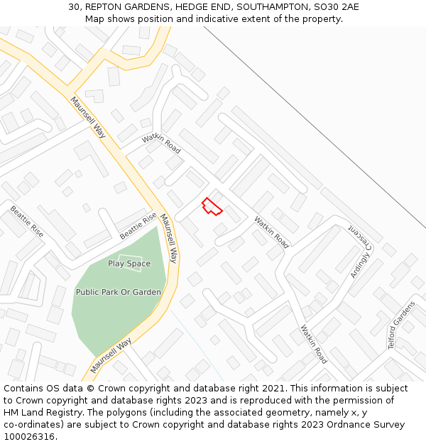30, REPTON GARDENS, HEDGE END, SOUTHAMPTON, SO30 2AE: Location map and indicative extent of plot