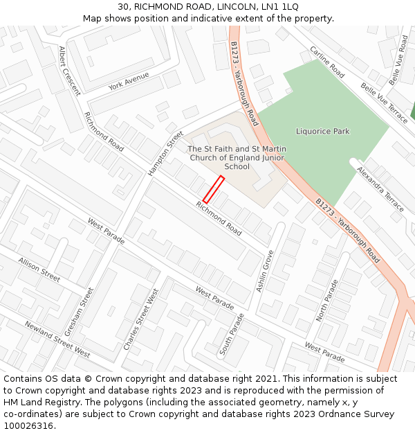 30, RICHMOND ROAD, LINCOLN, LN1 1LQ: Location map and indicative extent of plot