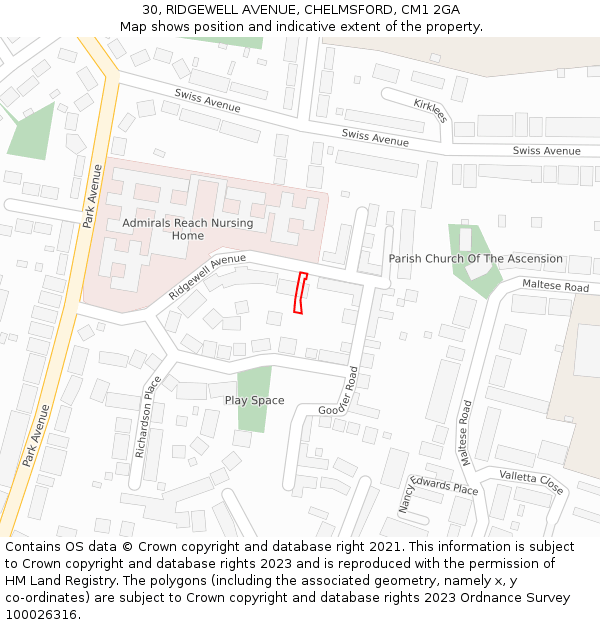 30, RIDGEWELL AVENUE, CHELMSFORD, CM1 2GA: Location map and indicative extent of plot