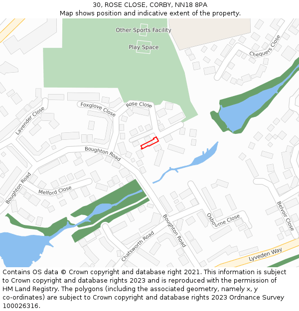 30, ROSE CLOSE, CORBY, NN18 8PA: Location map and indicative extent of plot