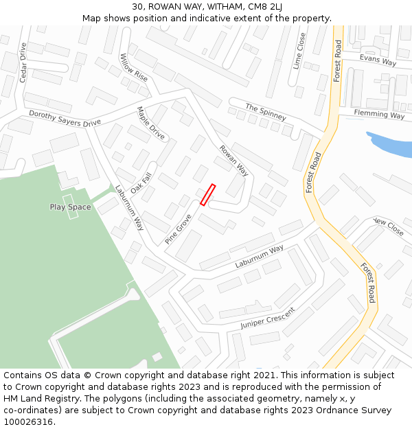 30, ROWAN WAY, WITHAM, CM8 2LJ: Location map and indicative extent of plot