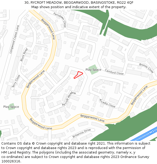 30, RYCROFT MEADOW, BEGGARWOOD, BASINGSTOKE, RG22 4QF: Location map and indicative extent of plot
