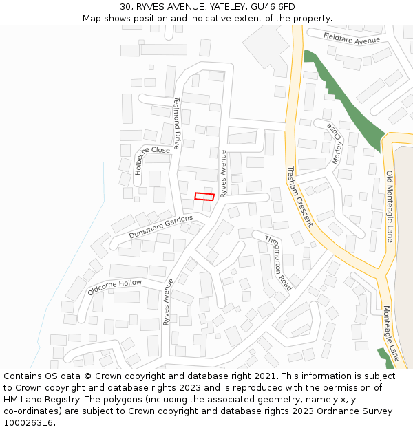30, RYVES AVENUE, YATELEY, GU46 6FD: Location map and indicative extent of plot