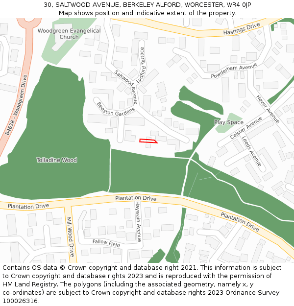 30, SALTWOOD AVENUE, BERKELEY ALFORD, WORCESTER, WR4 0JP: Location map and indicative extent of plot