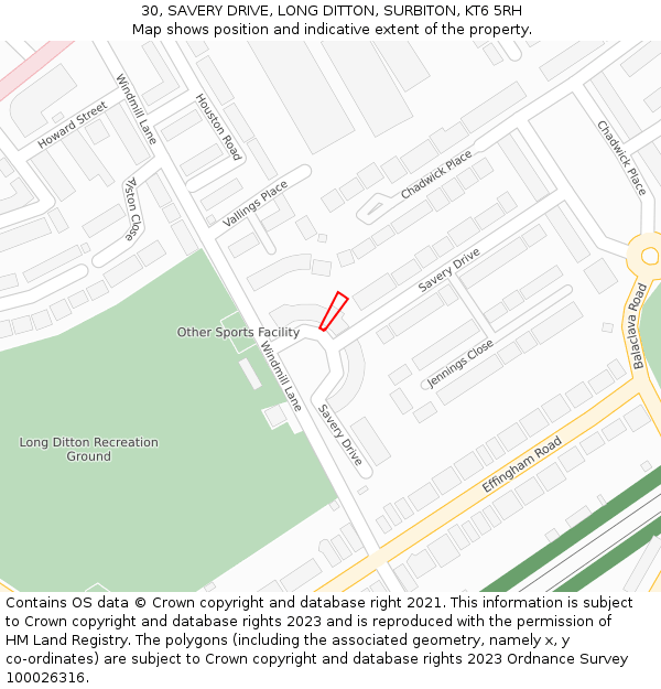 30, SAVERY DRIVE, LONG DITTON, SURBITON, KT6 5RH: Location map and indicative extent of plot