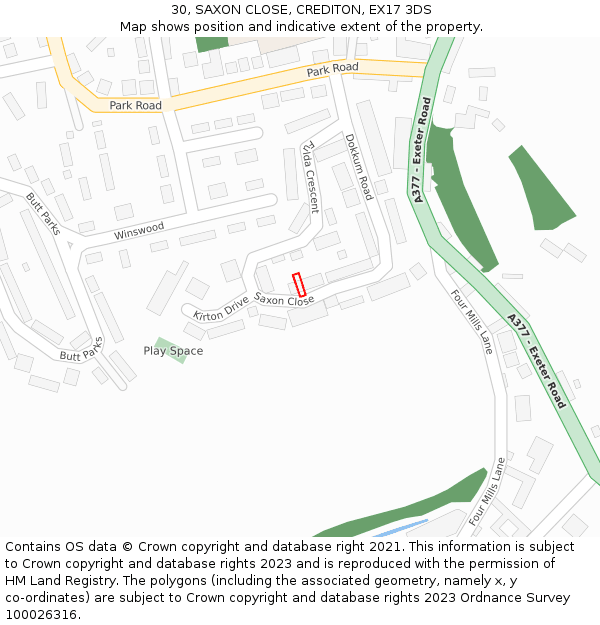 30, SAXON CLOSE, CREDITON, EX17 3DS: Location map and indicative extent of plot
