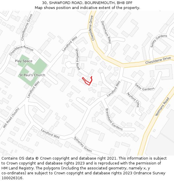 30, SHAWFORD ROAD, BOURNEMOUTH, BH8 0PF: Location map and indicative extent of plot