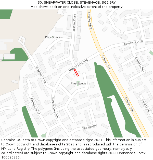 30, SHEARWATER CLOSE, STEVENAGE, SG2 9RY: Location map and indicative extent of plot