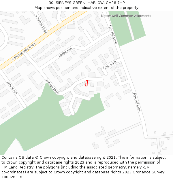 30, SIBNEYS GREEN, HARLOW, CM18 7HP: Location map and indicative extent of plot