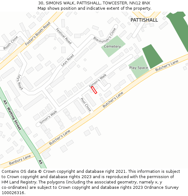 30, SIMONS WALK, PATTISHALL, TOWCESTER, NN12 8NX: Location map and indicative extent of plot