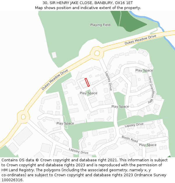 30, SIR HENRY JAKE CLOSE, BANBURY, OX16 1ET: Location map and indicative extent of plot