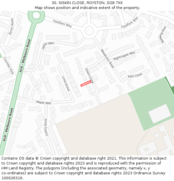 30, SISKIN CLOSE, ROYSTON, SG8 7XX: Location map and indicative extent of plot