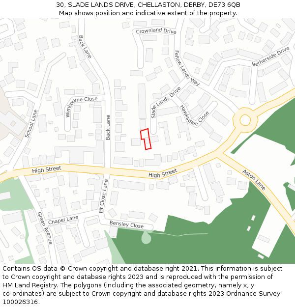 30, SLADE LANDS DRIVE, CHELLASTON, DERBY, DE73 6QB: Location map and indicative extent of plot