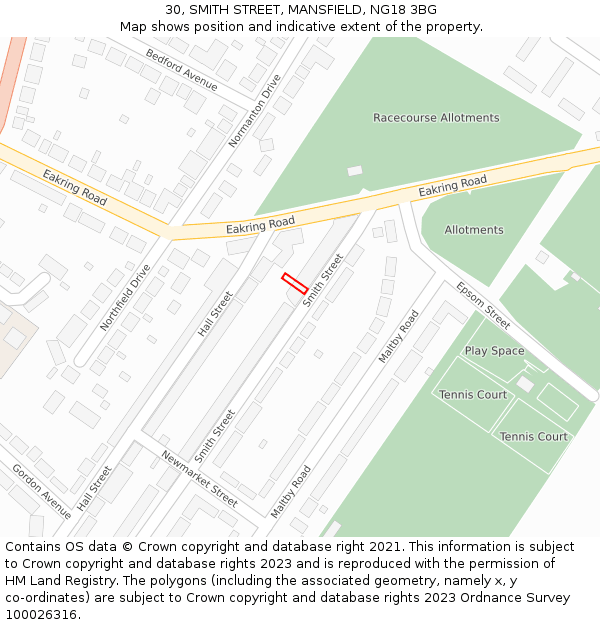 30, SMITH STREET, MANSFIELD, NG18 3BG: Location map and indicative extent of plot
