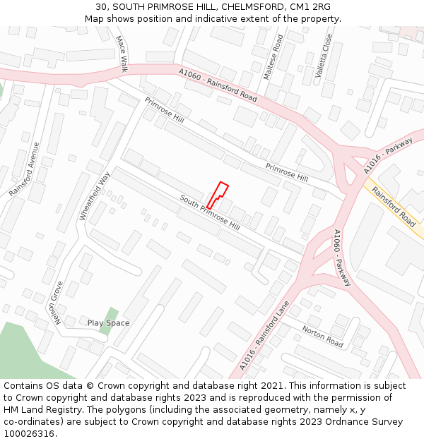 30, SOUTH PRIMROSE HILL, CHELMSFORD, CM1 2RG: Location map and indicative extent of plot