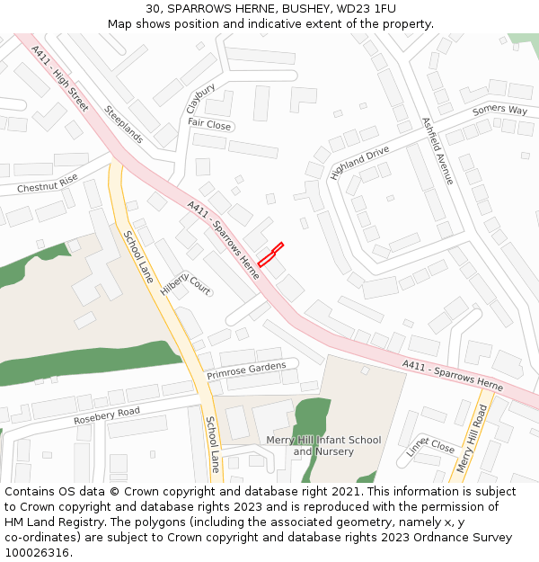 30, SPARROWS HERNE, BUSHEY, WD23 1FU: Location map and indicative extent of plot