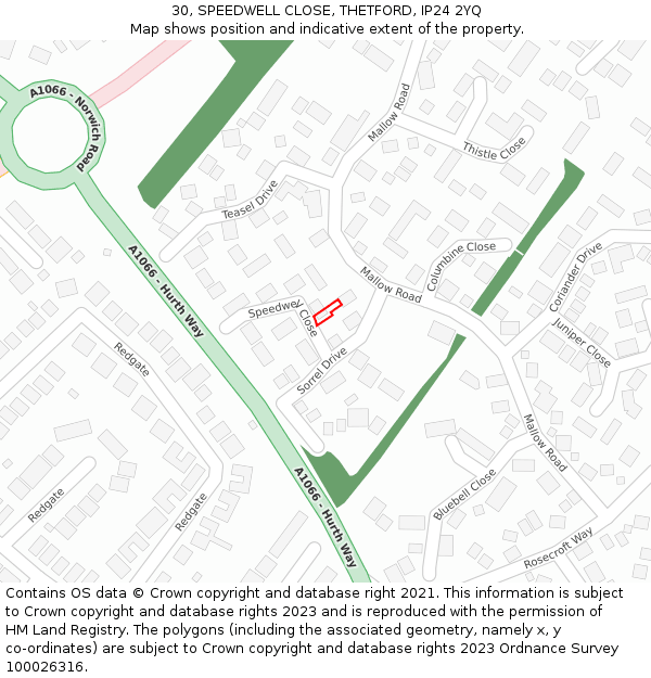 30, SPEEDWELL CLOSE, THETFORD, IP24 2YQ: Location map and indicative extent of plot