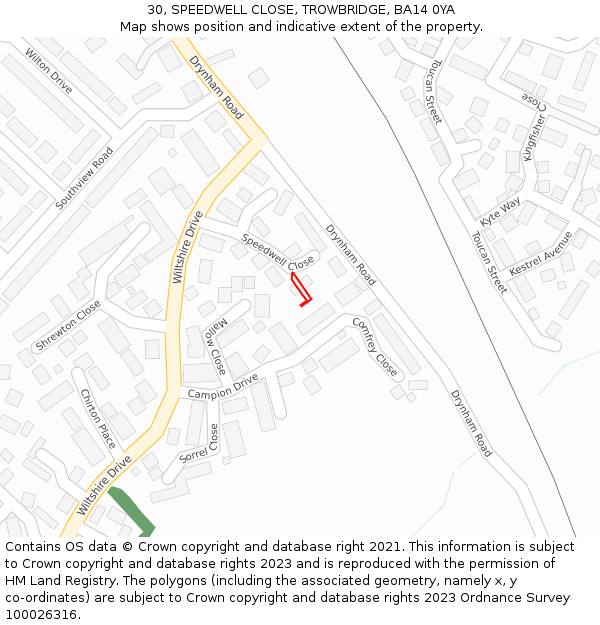30, SPEEDWELL CLOSE, TROWBRIDGE, BA14 0YA: Location map and indicative extent of plot