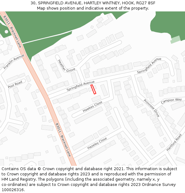 30, SPRINGFIELD AVENUE, HARTLEY WINTNEY, HOOK, RG27 8SF: Location map and indicative extent of plot